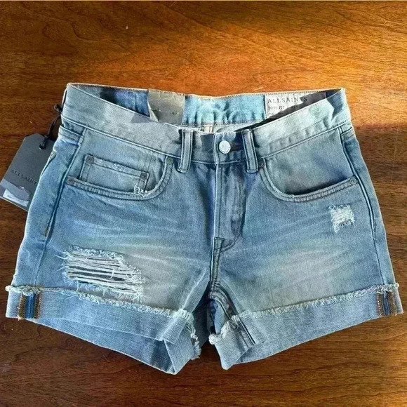 All Saints Distressed “Boys Short” Indigo Patch Women’s Size 24 New With Tags - Picture 1 of 7